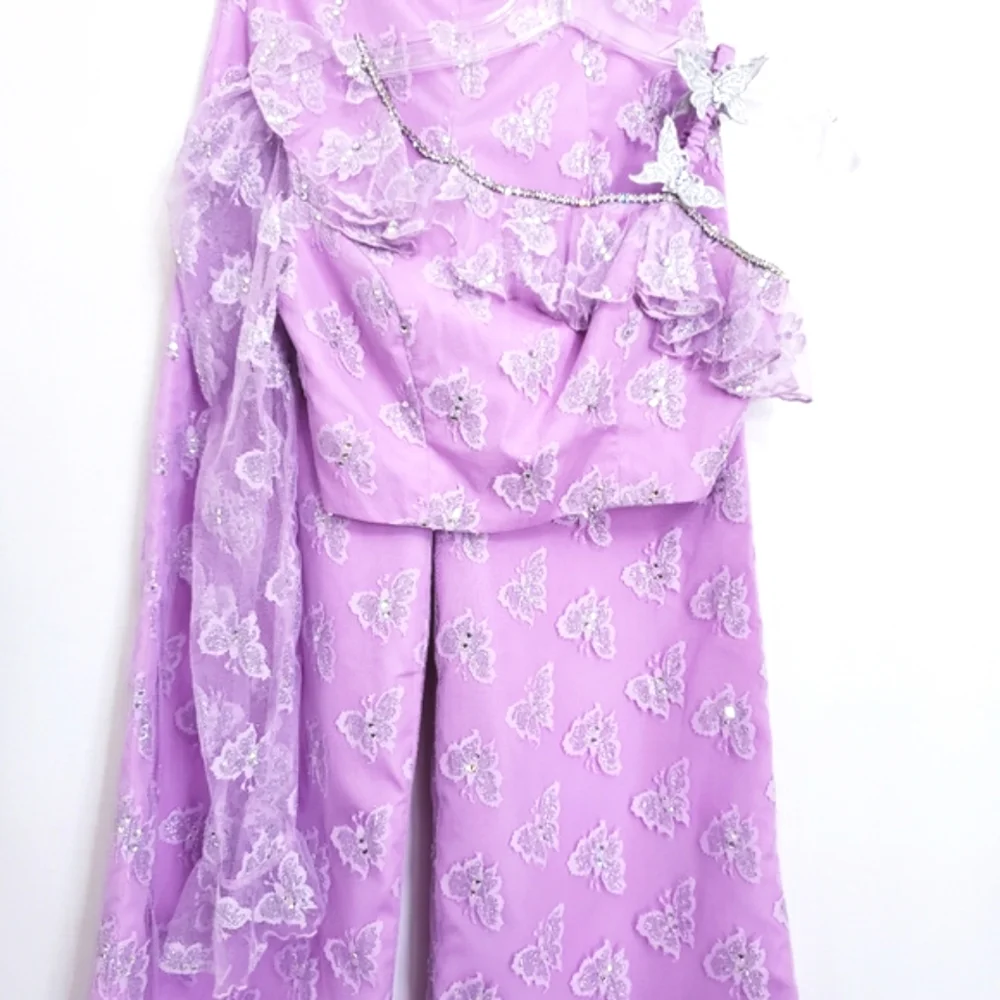 Lavender Floral Lace/Rhinestone Butterfly Pant/Crop Top Fun Fashion 2 Pc Set